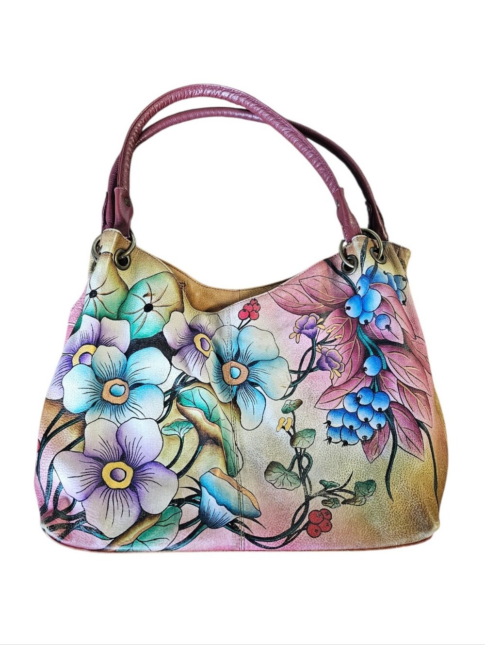 Anuschka Hand-Painted Floral Leather Tote Bag in Pink and Multicolor